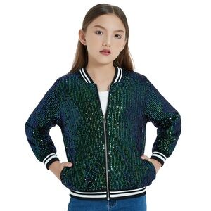Sequin Bomber Jacket with Green and Black Stripes